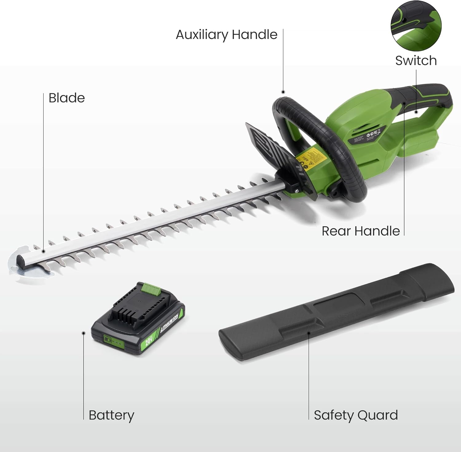 19 Inch Cordless Hedge Trimmer with 20V Battery, 1300RPM Motor for Garden Bush Shaping