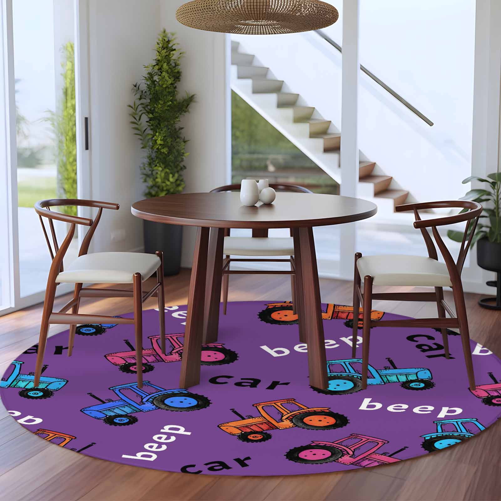 Cartoon Tractor Round Area Rug 7Ft Washable Circle Rugs for Dorm Laundry Room, Cute Beep Car Digger Shovel Truck Purple Non-Slip Carpet Floor Mats Indoor Outdoor Carpet Runner Aesthetic Home Decor