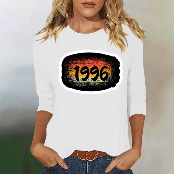 HOMBOM Womens Summer T-Shirts Graphic Tees Graphic Retro 1996 Print 3/4 Sleeve White Basic Crew Neck Tops for Young Woman