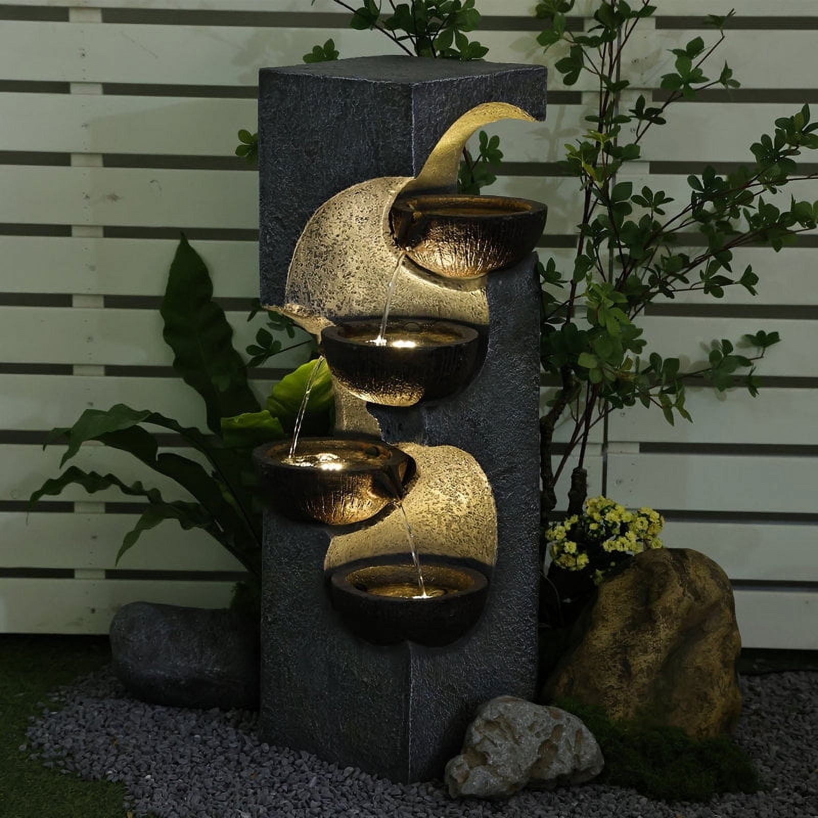 Water Fountain 4-Tier Outdoor Floor Standing Fountains and Waterfalls with LED Lights and Bowls for Garden, Living Room, Patio, Home Decor