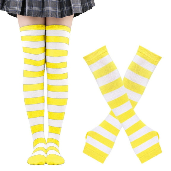 IWRICH Women's Christmas Striped Color Blocking Knee High Socks Long Knitted Arm Warmers Finger Less Gloves Sets Yellow