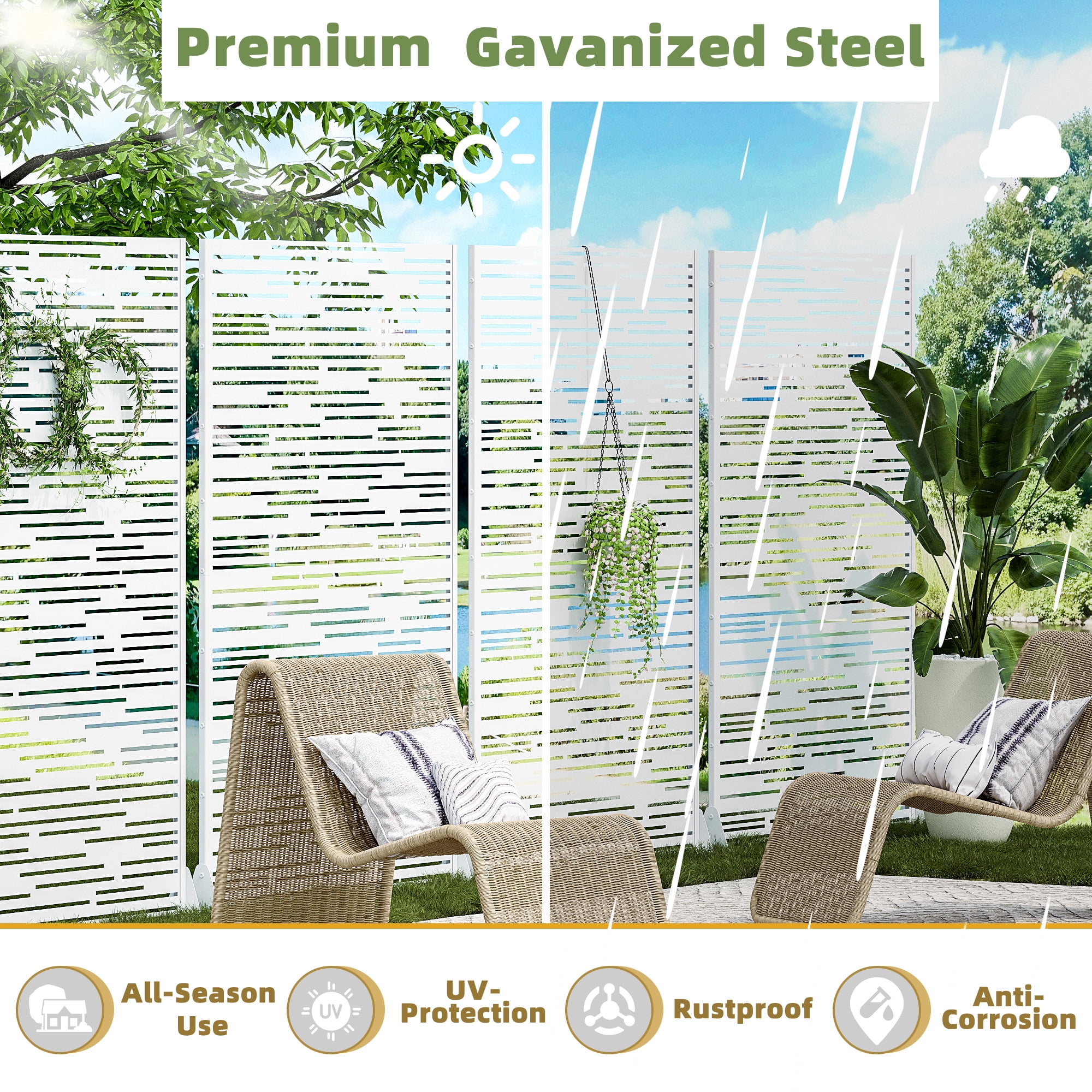MAYEERTY 72×47" Outdoor White Metal Privacy Panel Screen for Backyard & Garden, Shadow Play Pattern