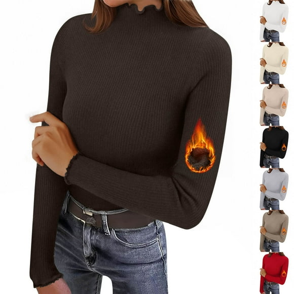 QATAINLAV Women's Lettuce Trim Mock Neck Long Sleeve Tops Solid Color Casual Dressy Ribbed Knit Slim Fit Tee Shirt, Beige, Free Size