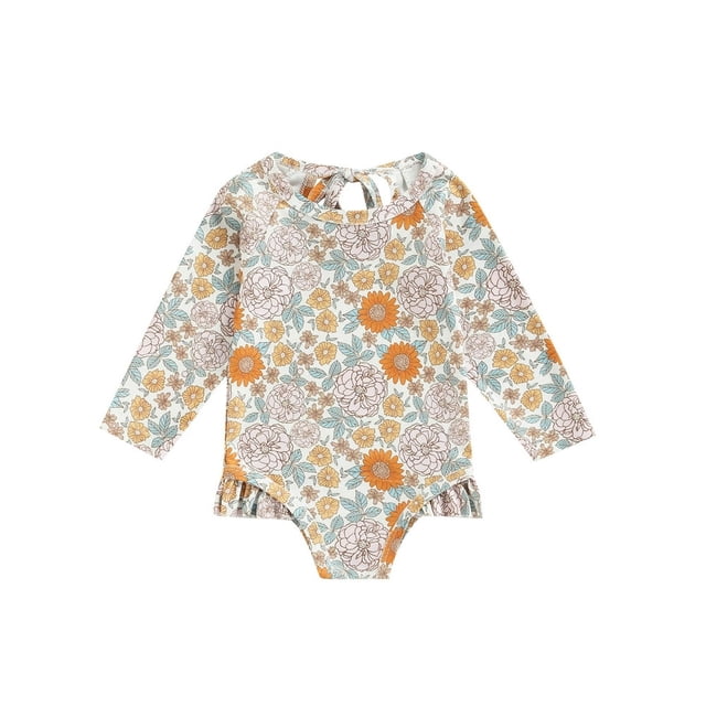 QJUHUNG Baby Toddler Girl Long Sleeve Swimsuit Rashguard Swimwear Ruffled One Piece Bathing Suit
