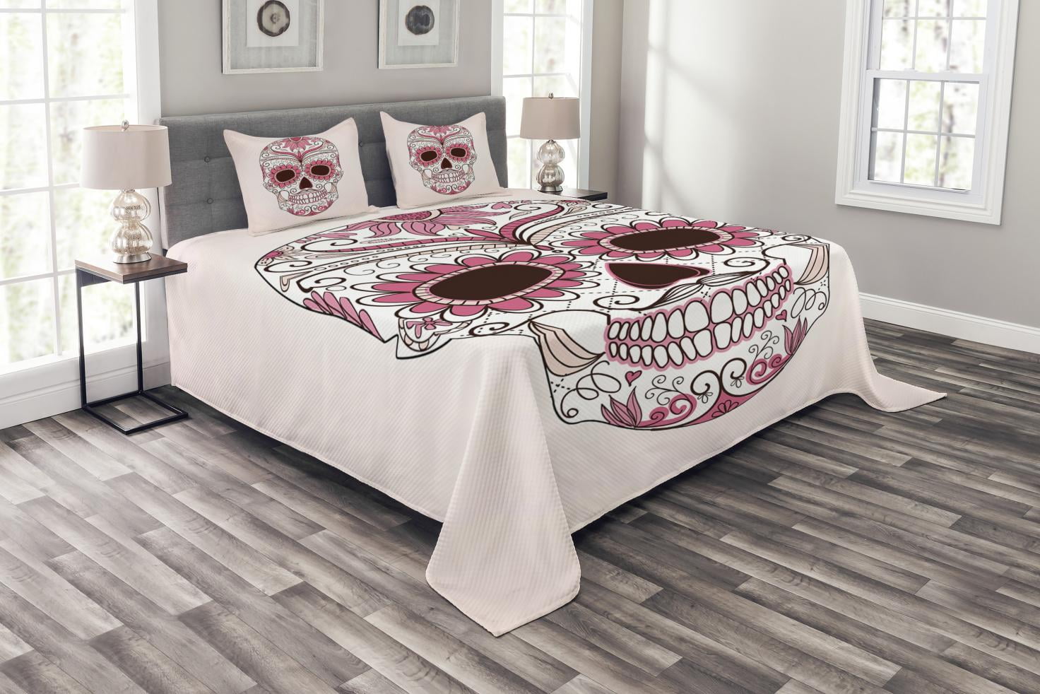 Sugar Skull Quilted Bedspread /& Pillow Shams Set Mexican Ornaments Print