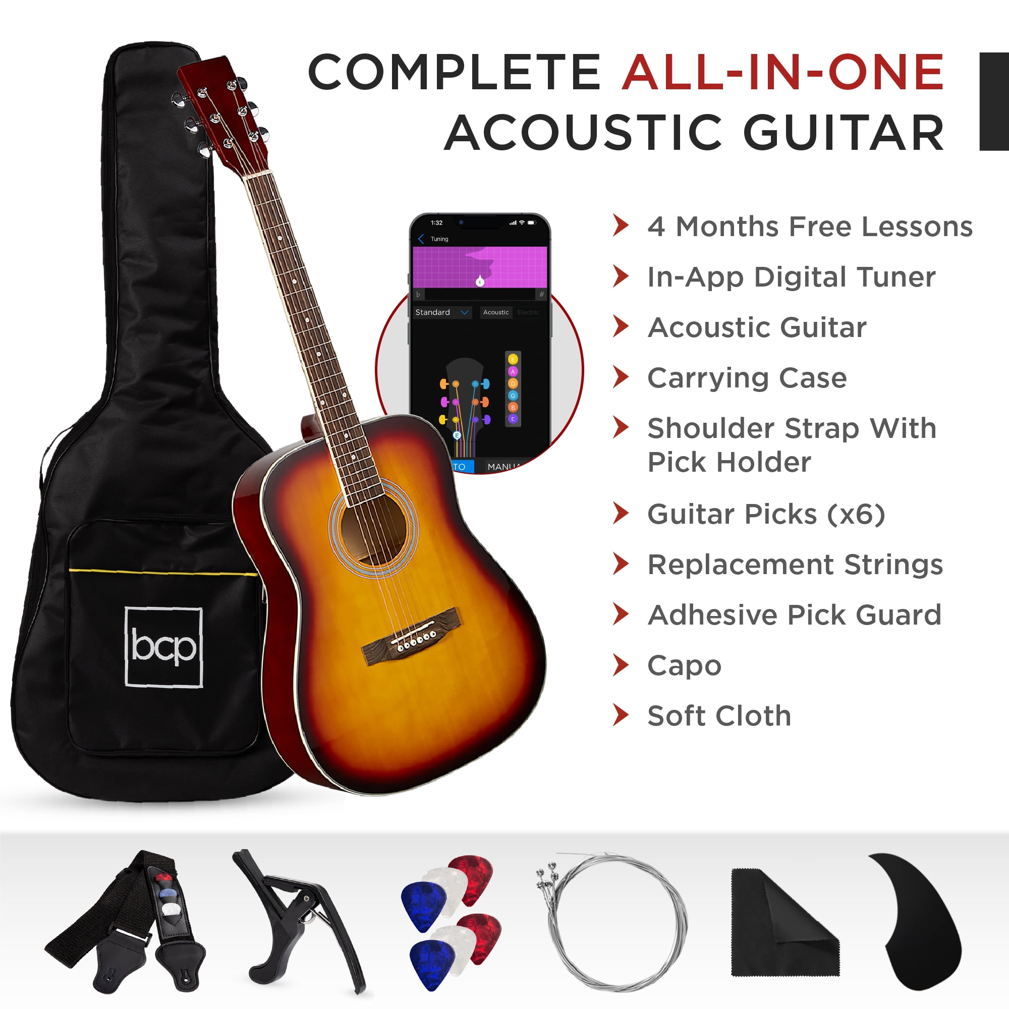 Best Choice Products 41in Full Size All-Wood Acoustic Guitar Starter Kit w/Gig Bag, E-Tuner, Pick, Strap, Rag - Sunburst