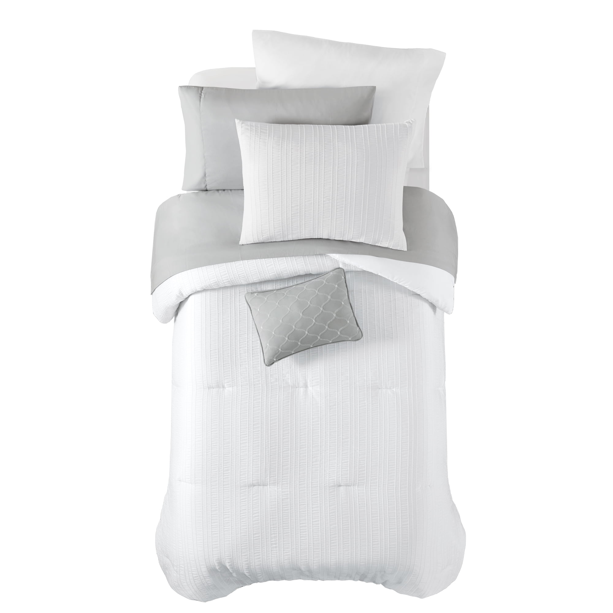 Mainstays 8-Piece Bed in a Bag Comforter Set with Sheets, White Seersucker, Twin/TwinXL