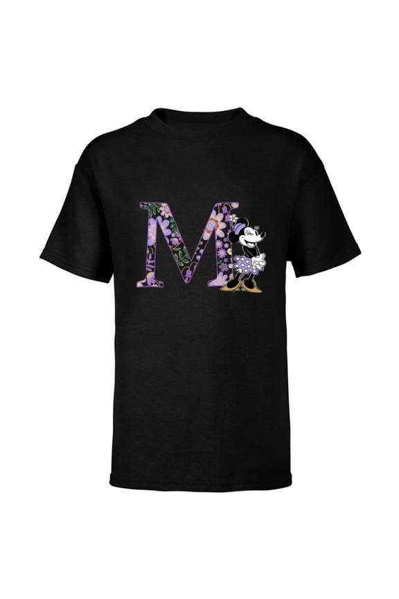 Minnie Mouse Spring Flowers Monogram Floral Initial M - Short Sleeve T-Shirt for Kids - Customized-Black