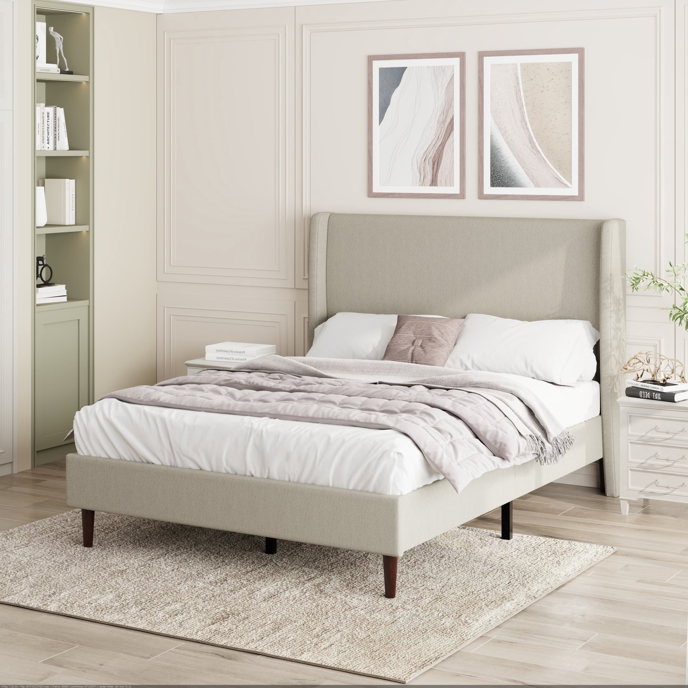 GDF Studio Queen Size Linen Upholstered Bed with High Headboard & Wood Slat Support, Beige