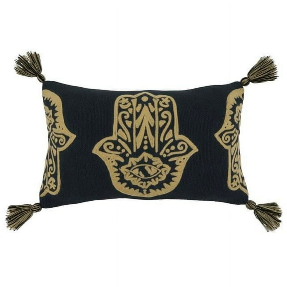 SARO  12 x 20 in. Oblong Black & White Hamsa Hand Embroidered Lumbar Throw Pillow with Poly Filling