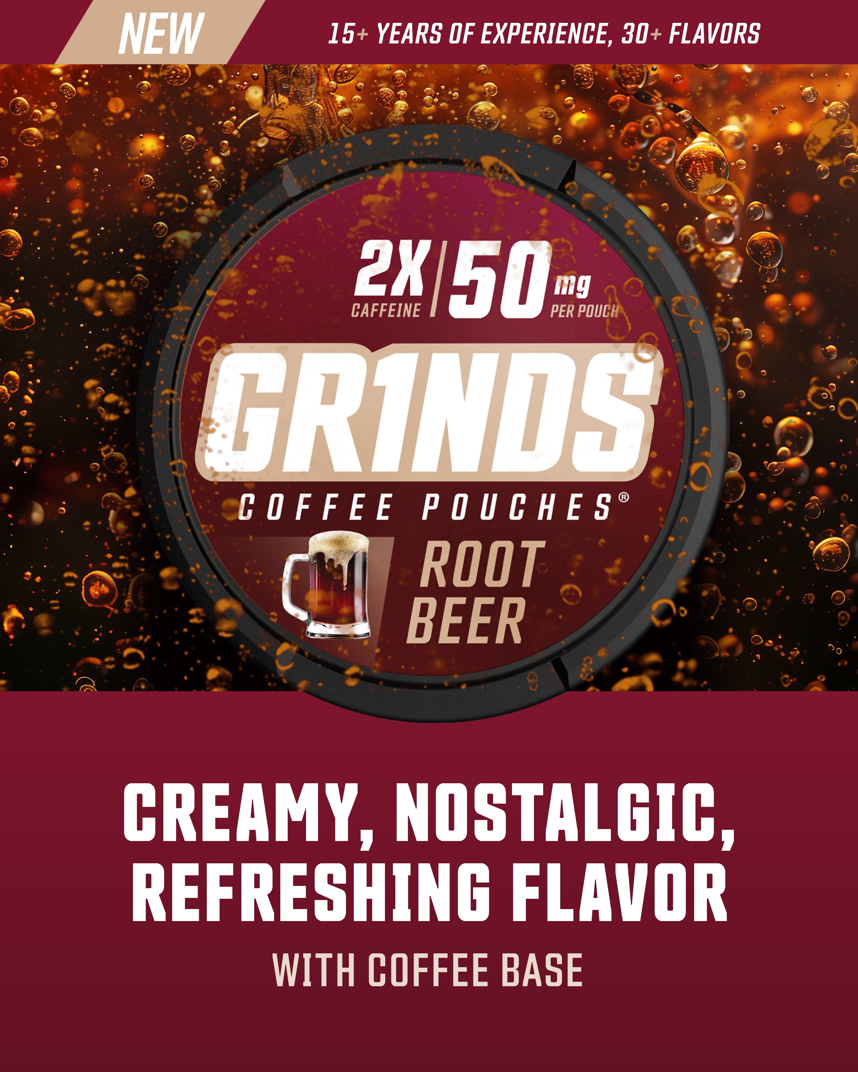 (5 pack) Grinds Coffee Pouches Root Beer Flavor, Tobacco/Nicotine Free, 50 mg Caffeine