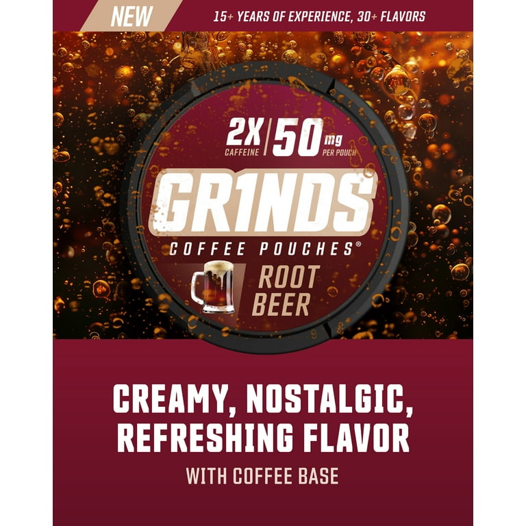 grinds tobacco Grinds Coffee Pouches Root Beer Flavor, Tobacco/Nicotine Free, 50 mg  Caffeine