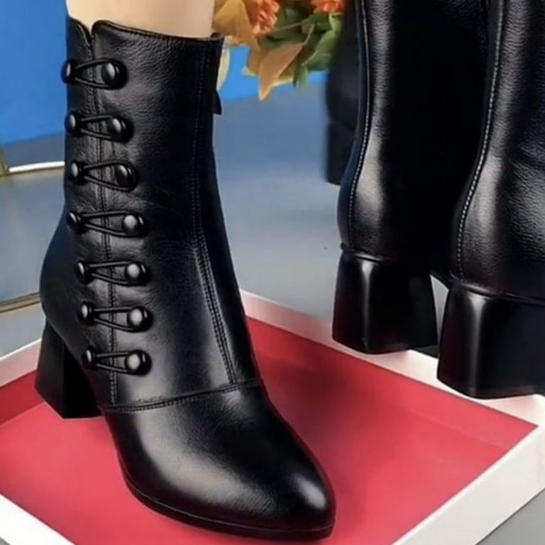 Women s Round Toe Chunky Stacked Heel Leather Ankle Boots