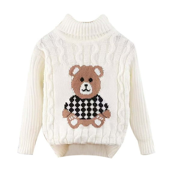 SonxaHe Infant Girls Sweater High Neck Cartoon Bear Pattern Knitted Top Child Loose Warm Cozy Fall Winter Sweaters White,Sized 12-18 M