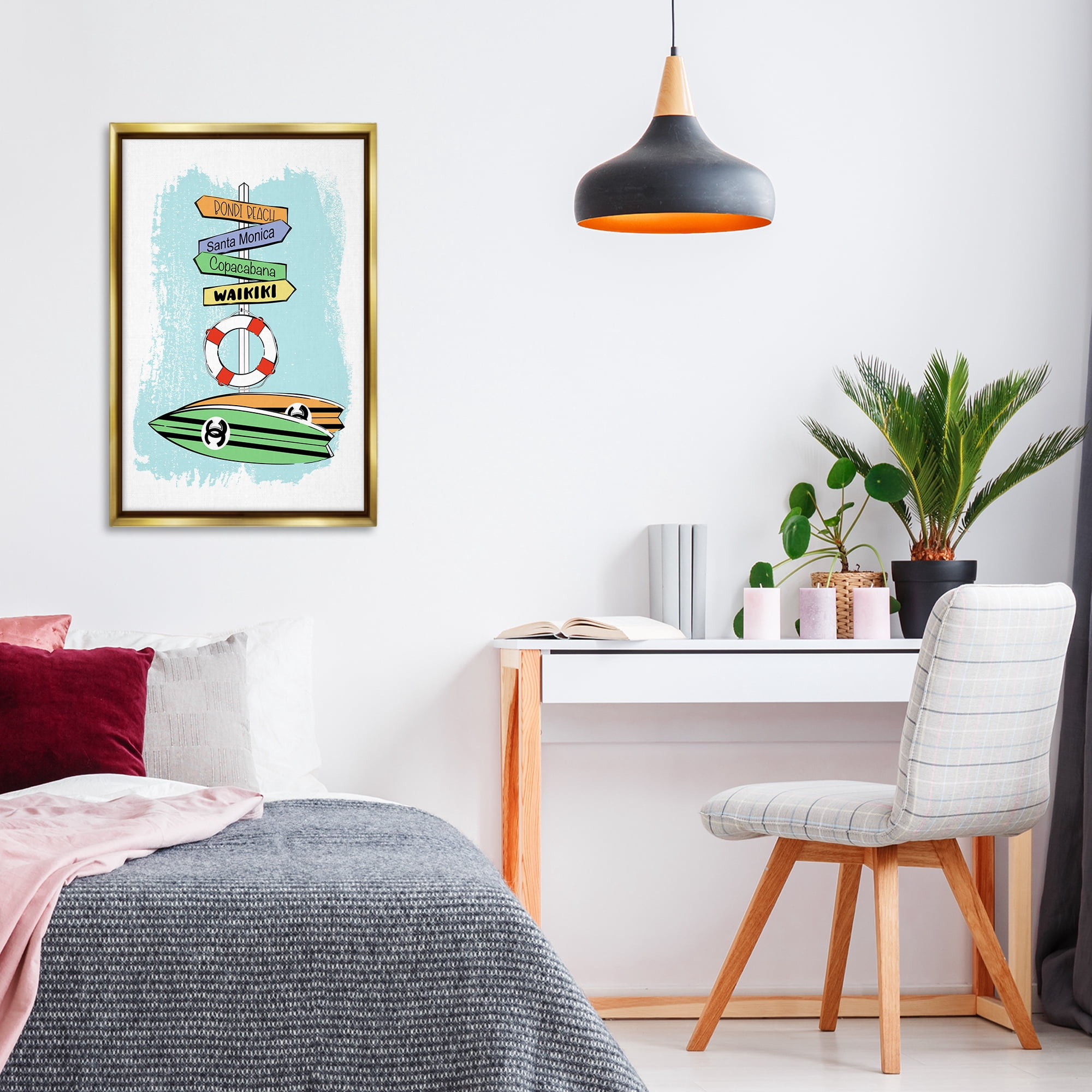 Stupell Industries Glam Surfboards & Sign Coastal Painting Gold Floater Framed Art Print Wall Art, 21 x 31