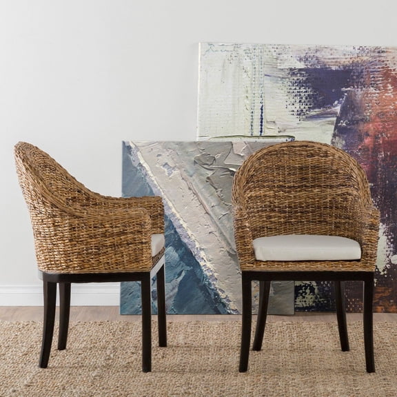 Woven Rattan Side Chair with Polyester Seat Cushion, Set of 2, Brown and Black- Saltoro Sherpi