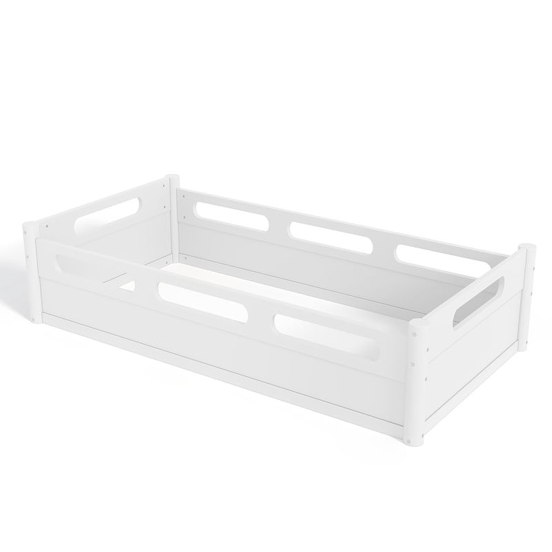 URTR Twin Size Floor Bed with High-Quality Safety Full-length Guardrails, Low Profile Wooden Montessori Platform Bed Frame, Heavy Duty Safety Bed, No Box Spring Needed, White
