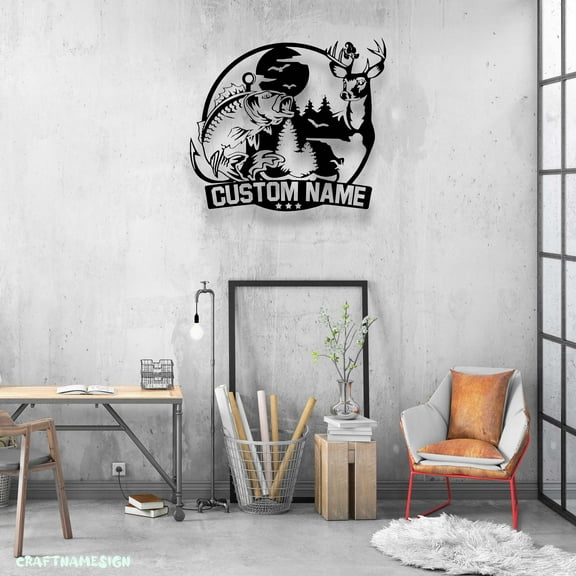 Craftnamesign Custom Deer And Fishing Metal Wall Art LED Light, Hunter Name Sign, Deer Fish Sign