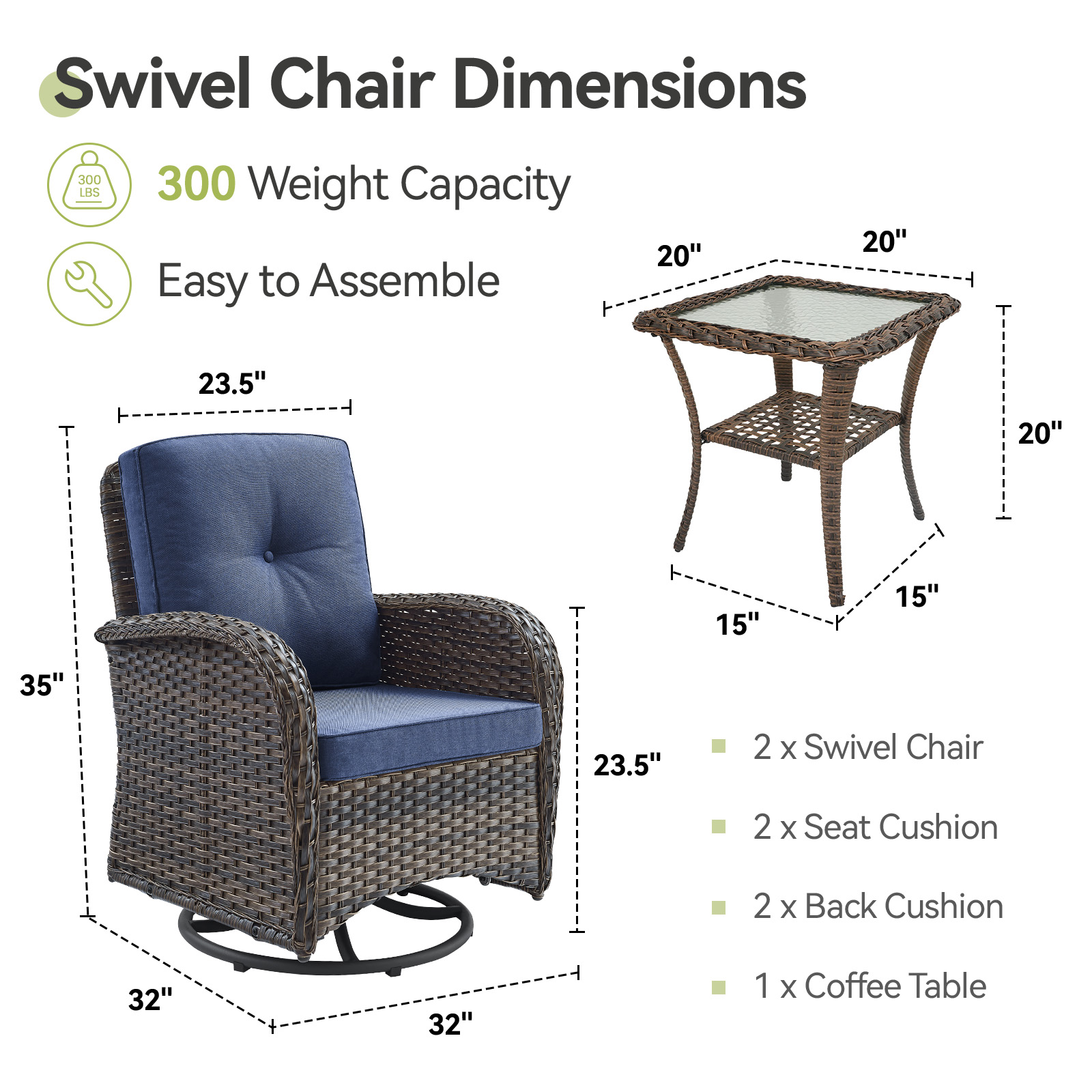 Planntonneo 3 Piece Wicker Patio Furniture Sets, Outdoor Swivel Rocking Chairs Set of 2 with Rattan Side Table for Deck Porch Pool, Brown/Blue