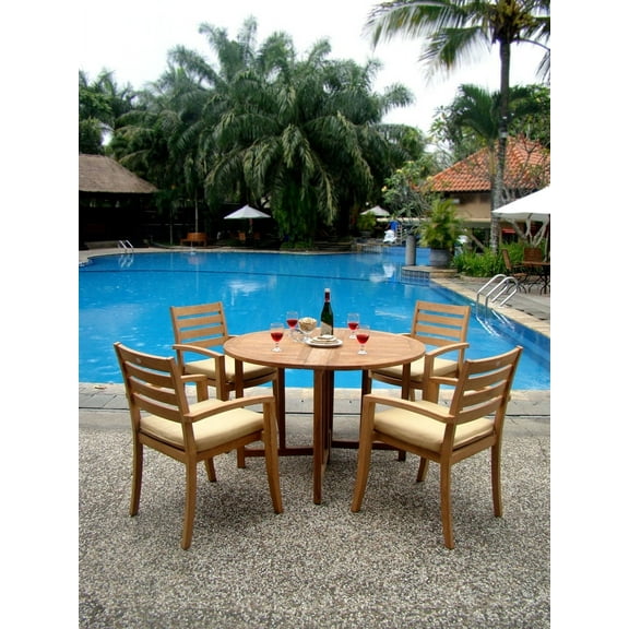 Teak Dining Set:4 Seater 5 Pc - 48" Round Butterfly Table and 4 Travota Stacking Arm Chairs Outdoor Patio Grade-A Teak Wood WholesaleTeak #WMDSTV1
