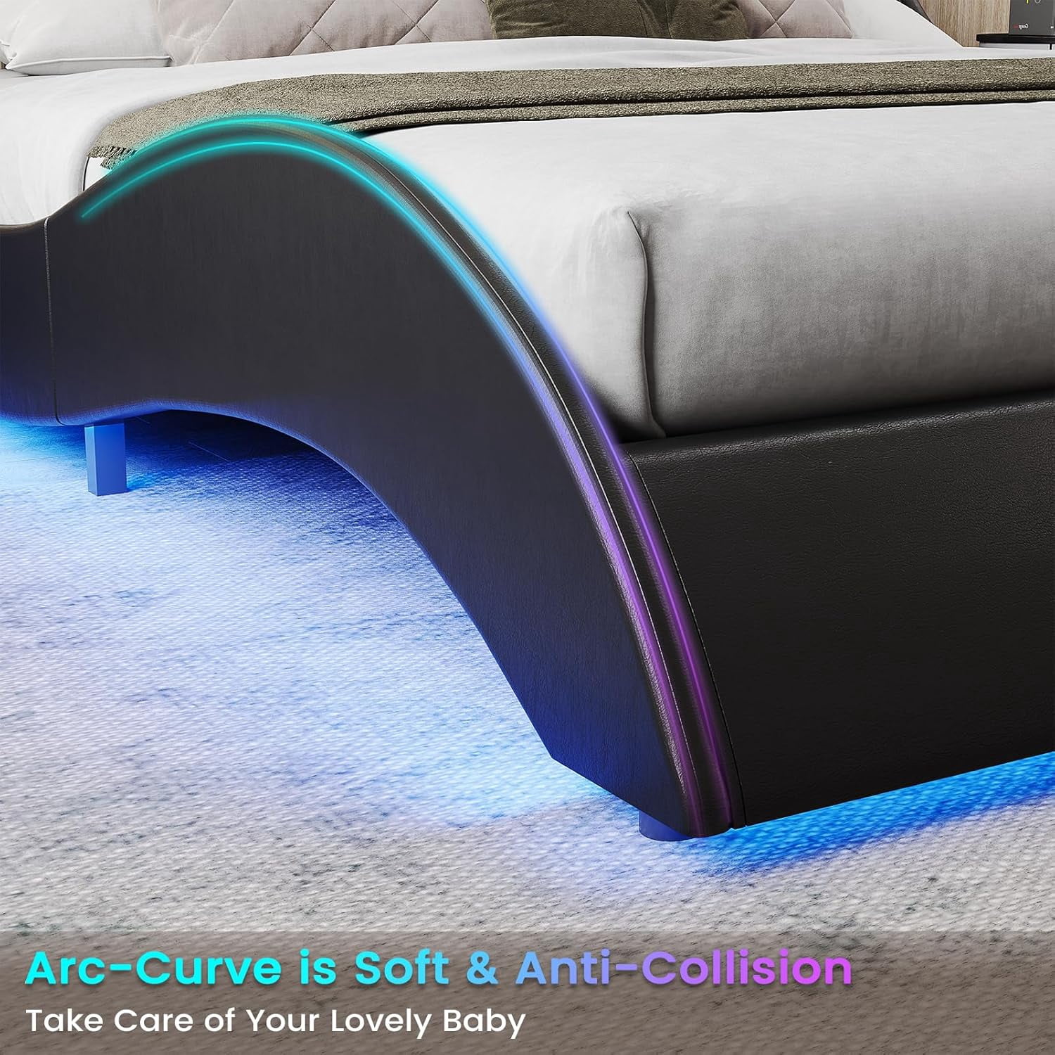 Led Bed Frame King Size Platform Bed Frame with LED Lights&USB Ports&Headboard,Low Profile Wave Like Curve King Bed, No Box Spring Needed, Black
