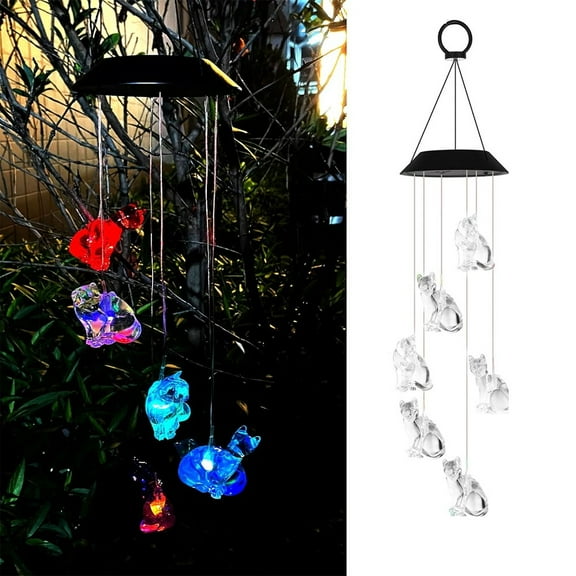 Solar Wind Cat Chimes for Outside, Color Changing Outdoor Clearance Unique Garden Decor Colorful Patio, Gifts for Her/Him