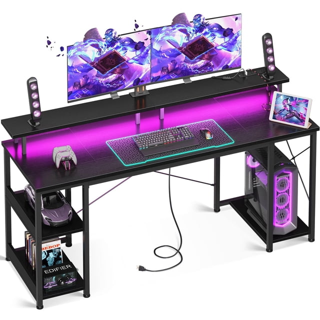 Escritorio Gamer, Escritorio para Computadora,Escritorio de Oficina en Casa, Escritorio para Viene con Regleta, Regleta de luz y Soporte para Monitor, 140cm Negro