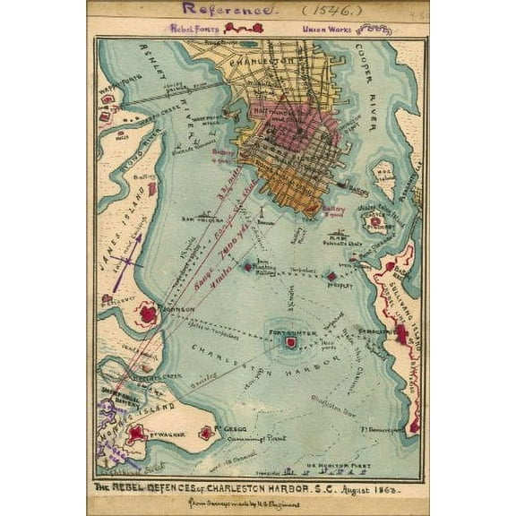24x36 Poster; Map Of Charleston Harbor South Carolina 1863; Antique Reprint