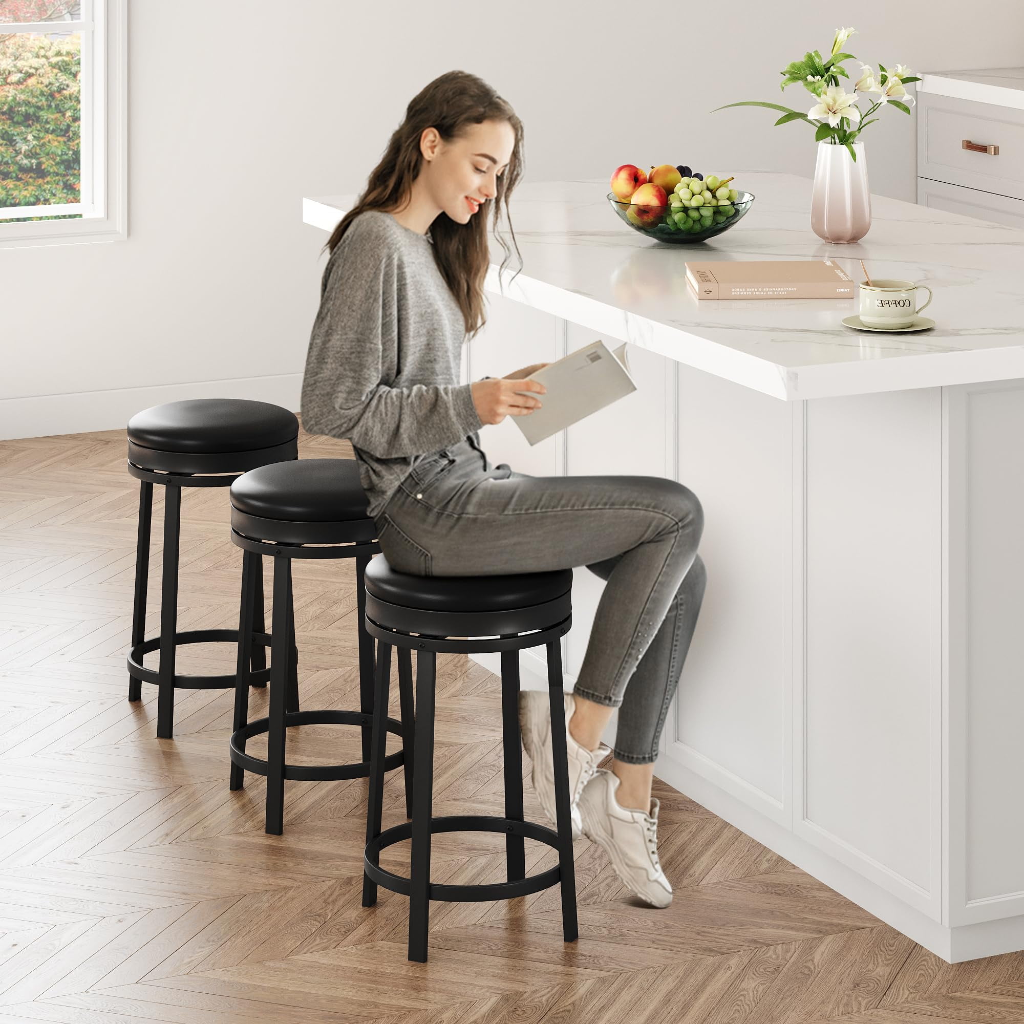 24"Swivel Bar Stools with Footrest, Modern Counter Height Barstools with Pu Leather Upholstered and Metal Frame, Backless Round Bar Stools for Kitchen Island, Black