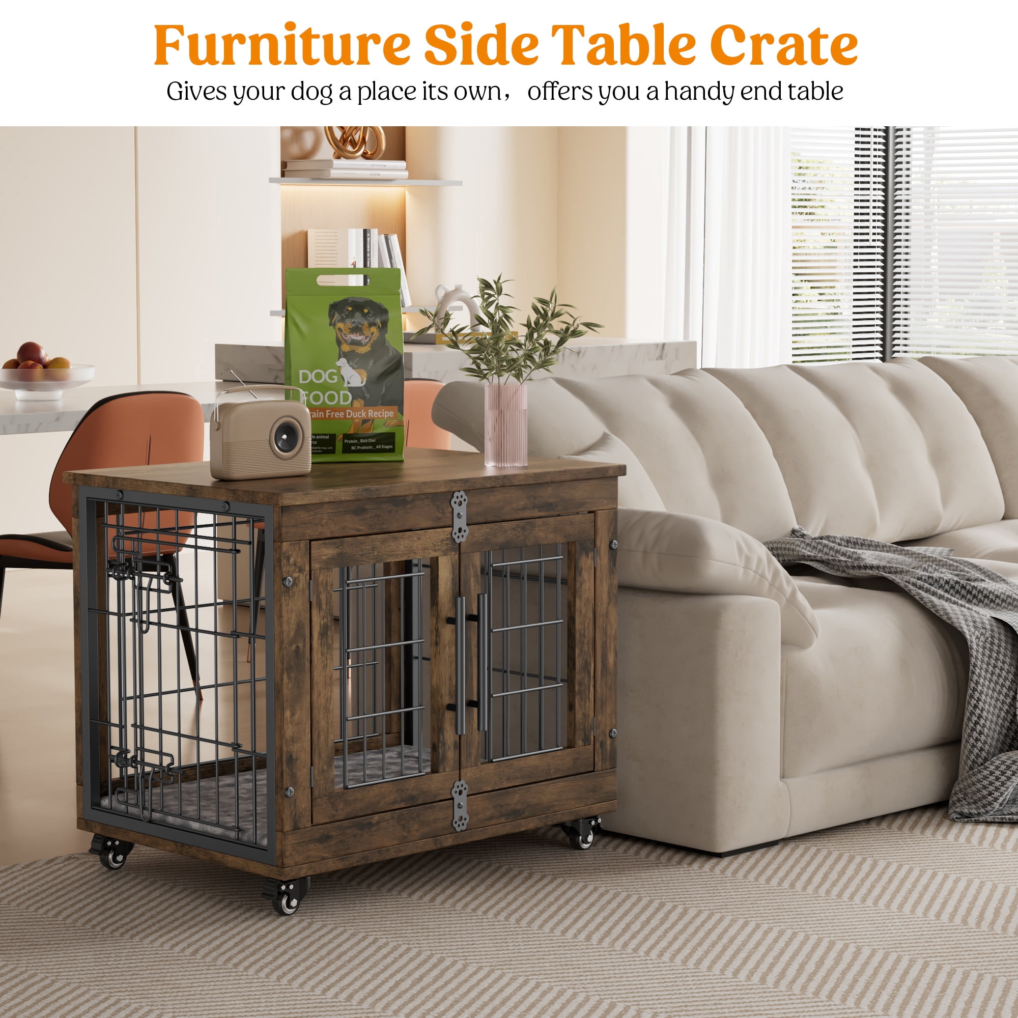 LainTene Wooden Dog Crate Furniture, Double Doors Dog Kennels for Inside with Pads and Wheels, Heavy Duty Dog Cage for Small Dogs, Brown