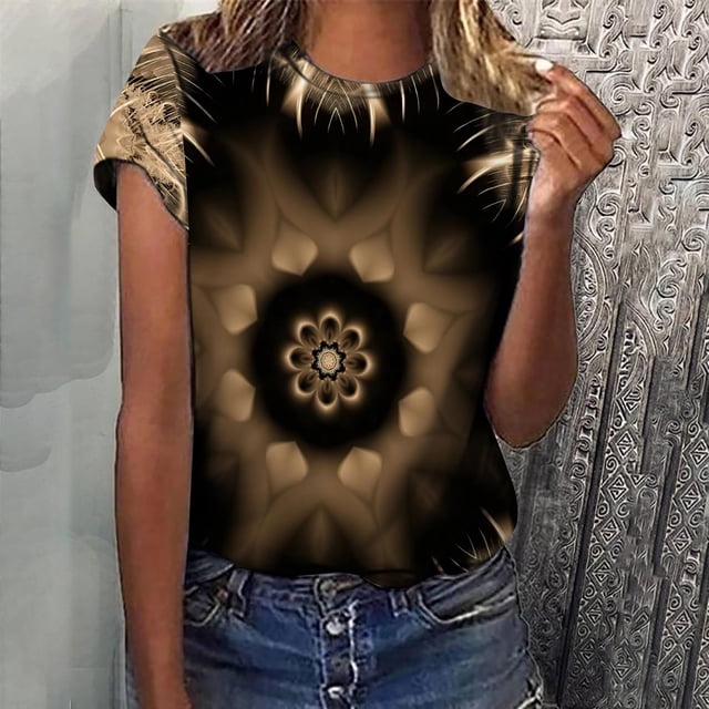 Aqestyerly T-Shirt à Manches Courtes Col Rond Imprimé Ombré pour Femmes - Hauts Mode Décontracté Blouse Ample Dégradé de Pierre T-Shirt Col Rond Blouse Imprimée