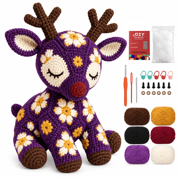 WovWov Crochet Kit for Beginners, Floral Reindeer Beginners DIY Knitting Kits – Includes Step-by-Step Video Tutorials and Extra 30% Yarn, all accessories