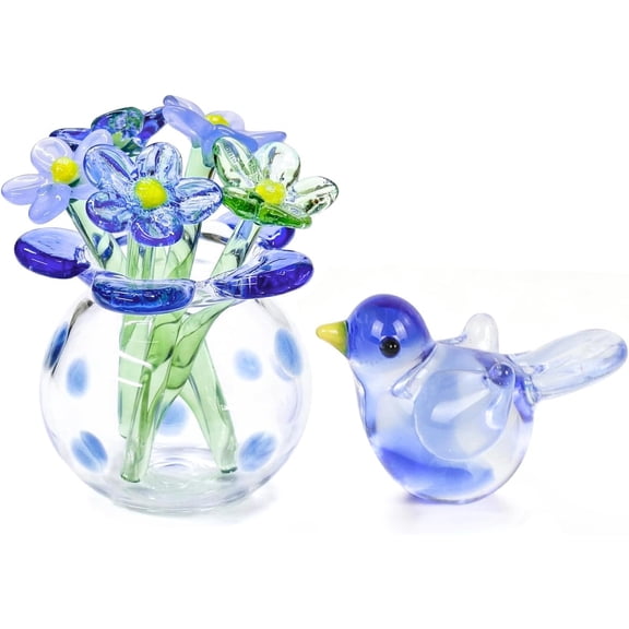 Glass Flower Figurines, Desk Decor with Mini Vase, Handmade Blue Glass Flowers, Flores Eternas Decorative Ornament for Home Office