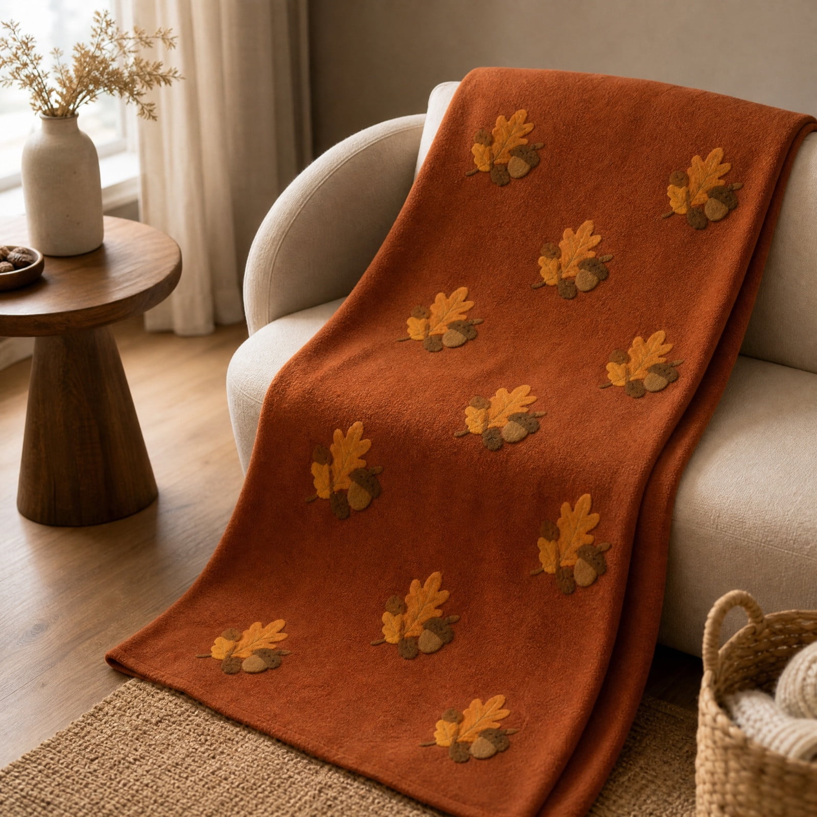 Rust Orange Oak Leaf & Acorn Flannel Throw Blanket, Fall Autumn Harvest Seasonal Blanket, 39" x 59" Autumn Decorations 1pc