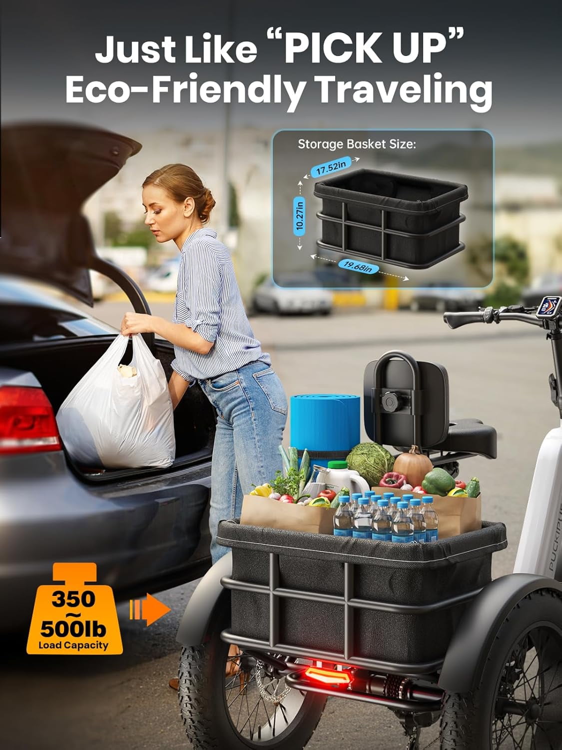 PUCKIPUPPY 20" Electric Tricycle for Adults 960W 60Miles Range 20mph Max Speed Fat Tire Electric Trike 48V 17.4AH Battery 3 Wheel Electric Bike 500lbs Load E-Mountain Bikes, Comply with UL2849 By SGS