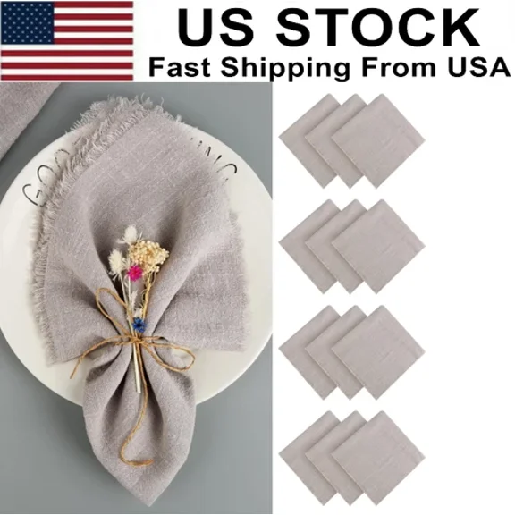 Pack Of 12, 42 X 42 Cm Cotton Linen Napkins With Fringes, Rustic Dinner Napkins