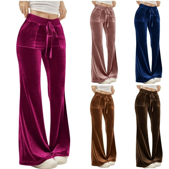 Aboser Womens Velvet Flare Pants Dressy Casual Wide Leg Pants Soft Bell Buttom Bootcut Pants Drawstring High Waisted Trousers Loose Wide Leg Pants with Pockets Pink L