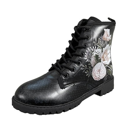 

Aueoeo Women Boots Retro Flat Bottom Shoes Floral Print Boots Plus Size Lace Up Boots