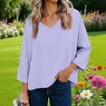 thumbnail image 5 of Cotton Linen Tops for Women Loose Fit Summer Trendy Casual 3/4 Sleeve T-Shirts Solid Color V Neck Tee Blouse (XL, Purple), 5 of 8