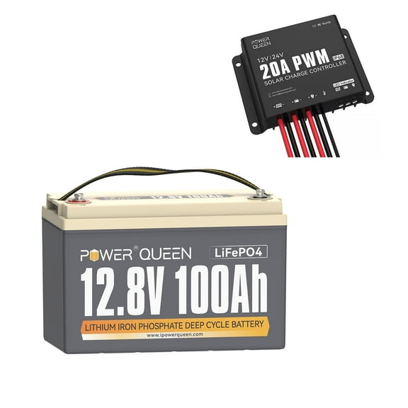 Power Queen 12V 100Ah Lithium Battery with 20A PWM Waterproof Solar Charger Controller