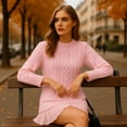 thumbnail image 3 of Women's Cable Knit Sweater Dress - Pleated Patchwork Mini Dress with Crewneck Long Sleeve, 3 of 7