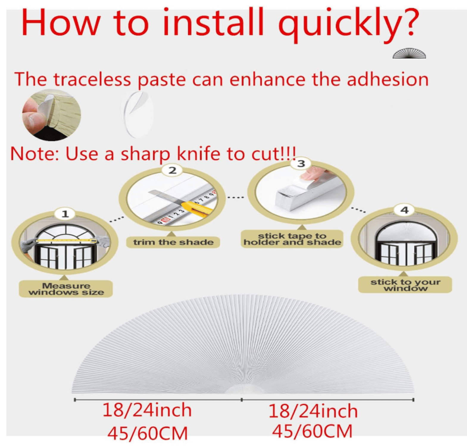 Arch Window Blackout Shades,Cellular Half Round Window Shade,Self Adhesive No Drill 90% Shade Pleated Blinds Window Moon Cover Easy to Cut and Install