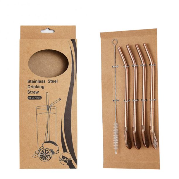 Cuchara de paja de acero inoxidable 304, filtro, agitador, cuchara de café, mango largo, colador de té, 4 unidades por juego Fivean unisex