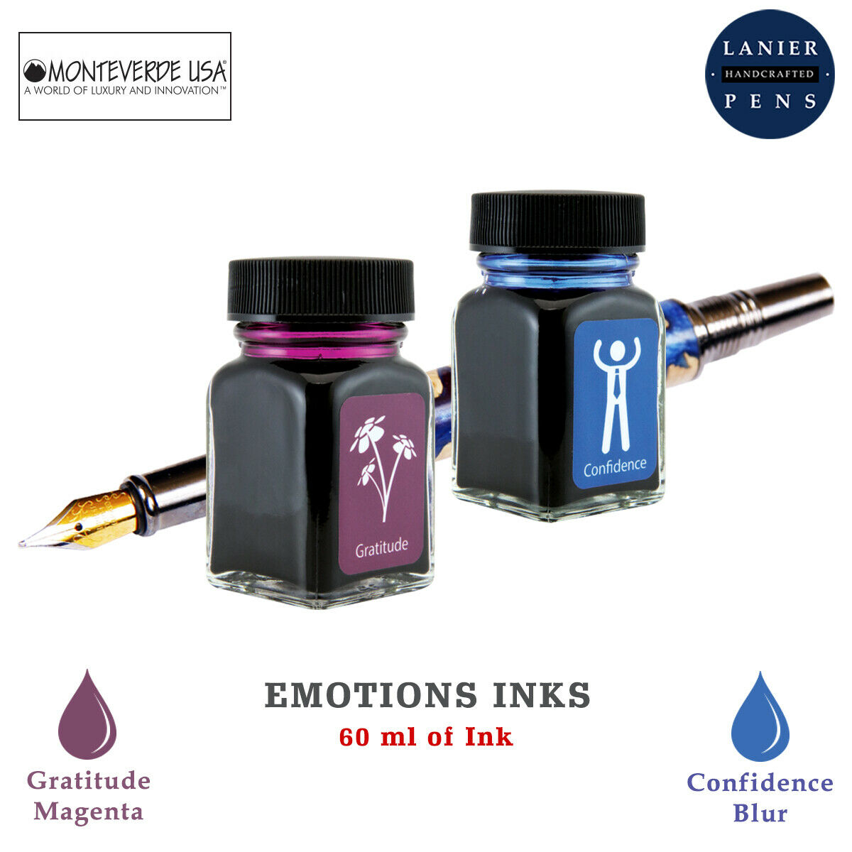 Monteverde 60ml Emotions Fountain Pen Ink Bottle (30ml Gratitude Magenta Ink Bottle G309GM, 30ml Confidence Blue Ink Bottle G309CL)