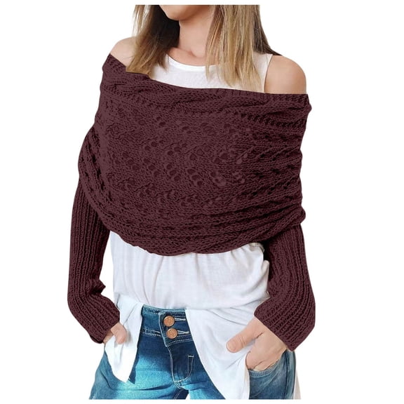 HNMKIU Women's Fashion Casual Autumn Winter Outdoor Solid Color Wool Hollow Lengthening Double Sleeve Shawl Scarf ,