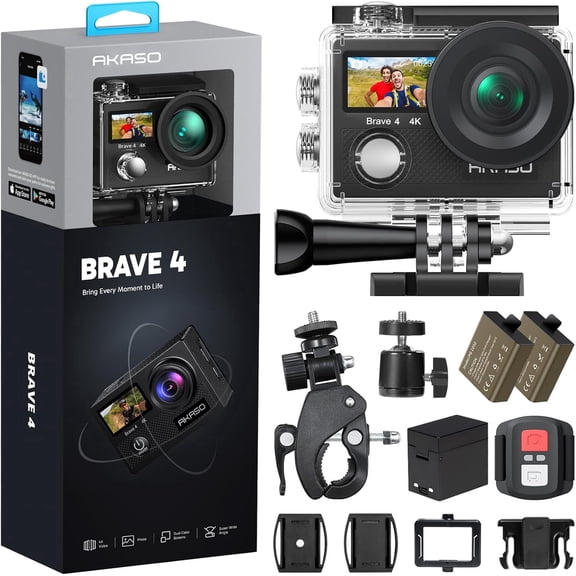 AKASO Brave 4 Action Camera 4K 30fps Ultra HH Video 20MP Photo EIS WiFi 131FT Waterproof Underwater Camera, Helmet Accessories Kit