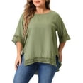 thumbnail image 1 of Blusas Casuales de Manga Corta de Encaje de Talla Grande para Mujeres Agnes Orinda, Cuello Redondo, 2X, Verde Ejército, 1 of 6