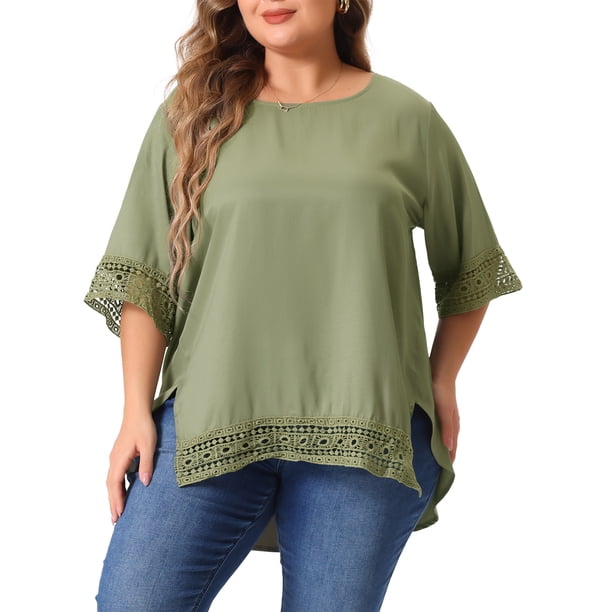 Blusas Casuales de Manga Corta de Encaje de Talla Grande para Mujeres Agnes Orinda, Cuello Redondo, 4X, Verde Ejército