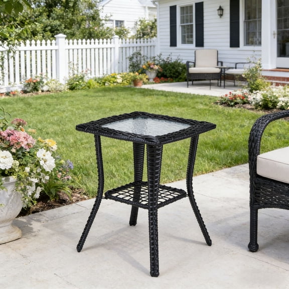 Zimtown Wicker Side Table for Living Room, Sitting Room, 18 in Wicker Coffee Table with 2 Tiers with Tempered Glass Table Top, Black