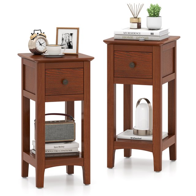 Gymax 2PCS Nightstand 3-Tier Bedside Table w/ Open Storage Shelf & Narrow Side Table Brown